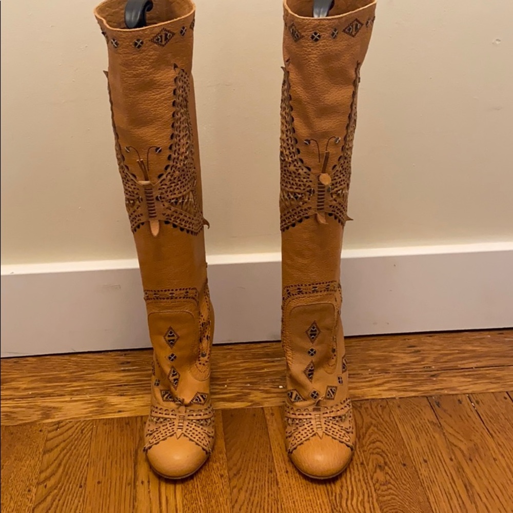 Anna Sui knee high butterfly tan boots